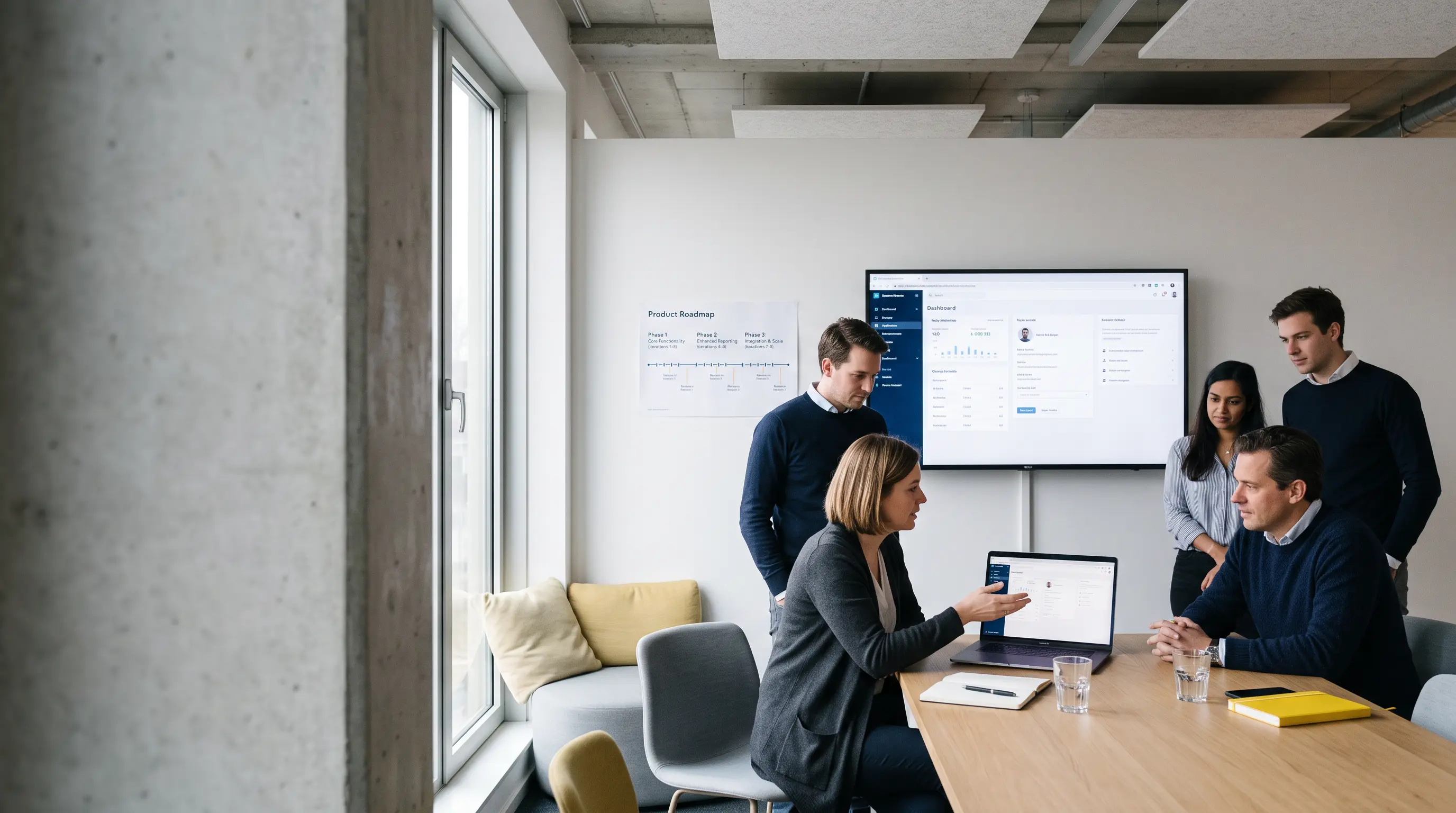 Multidisciplinair team bespreekt een werkende eerste versie van een cloudapplicatie