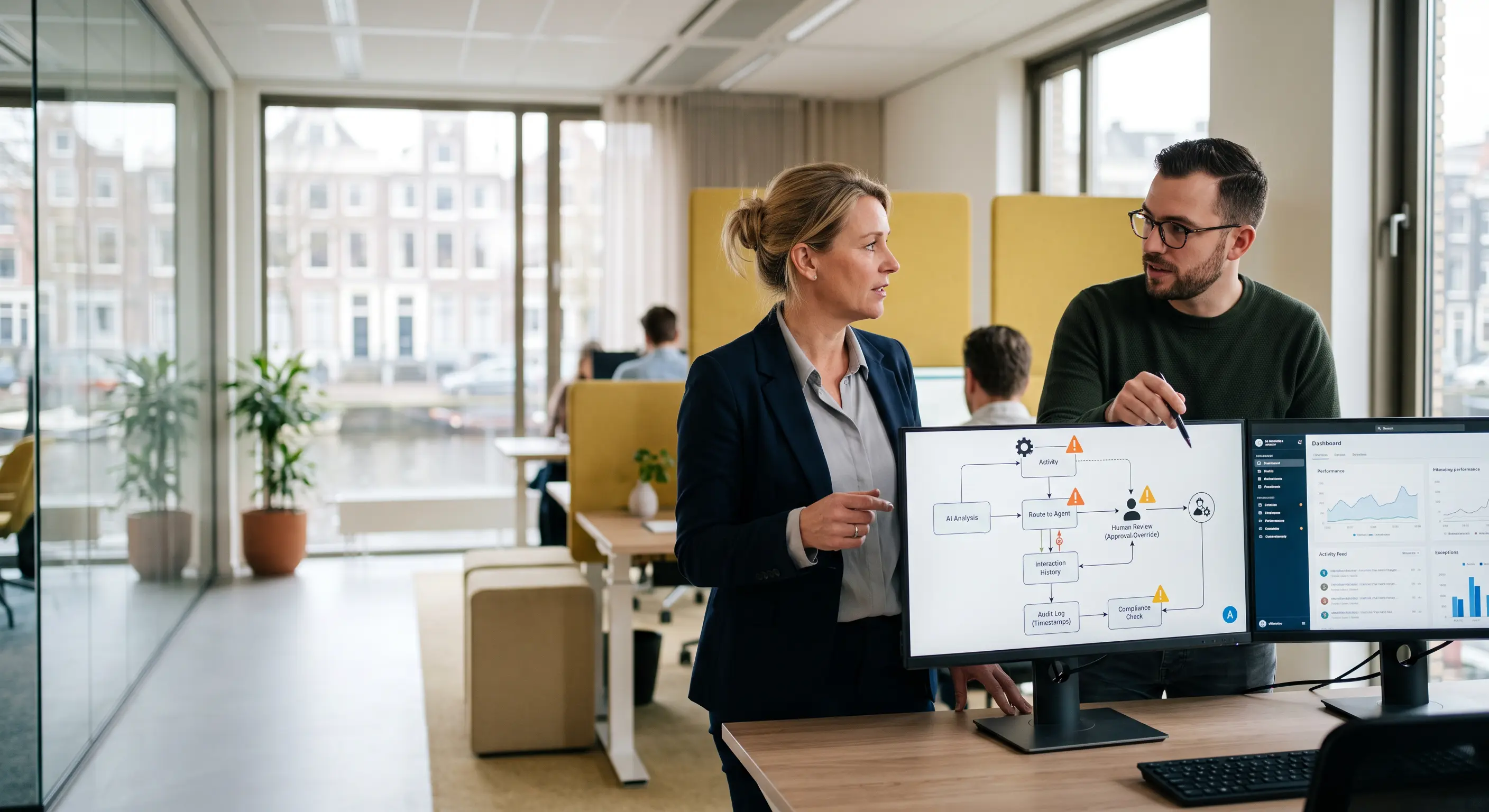 Manager en softwareconsultant beoordelen menselijke controle, logging en transparantie in een AI-proces