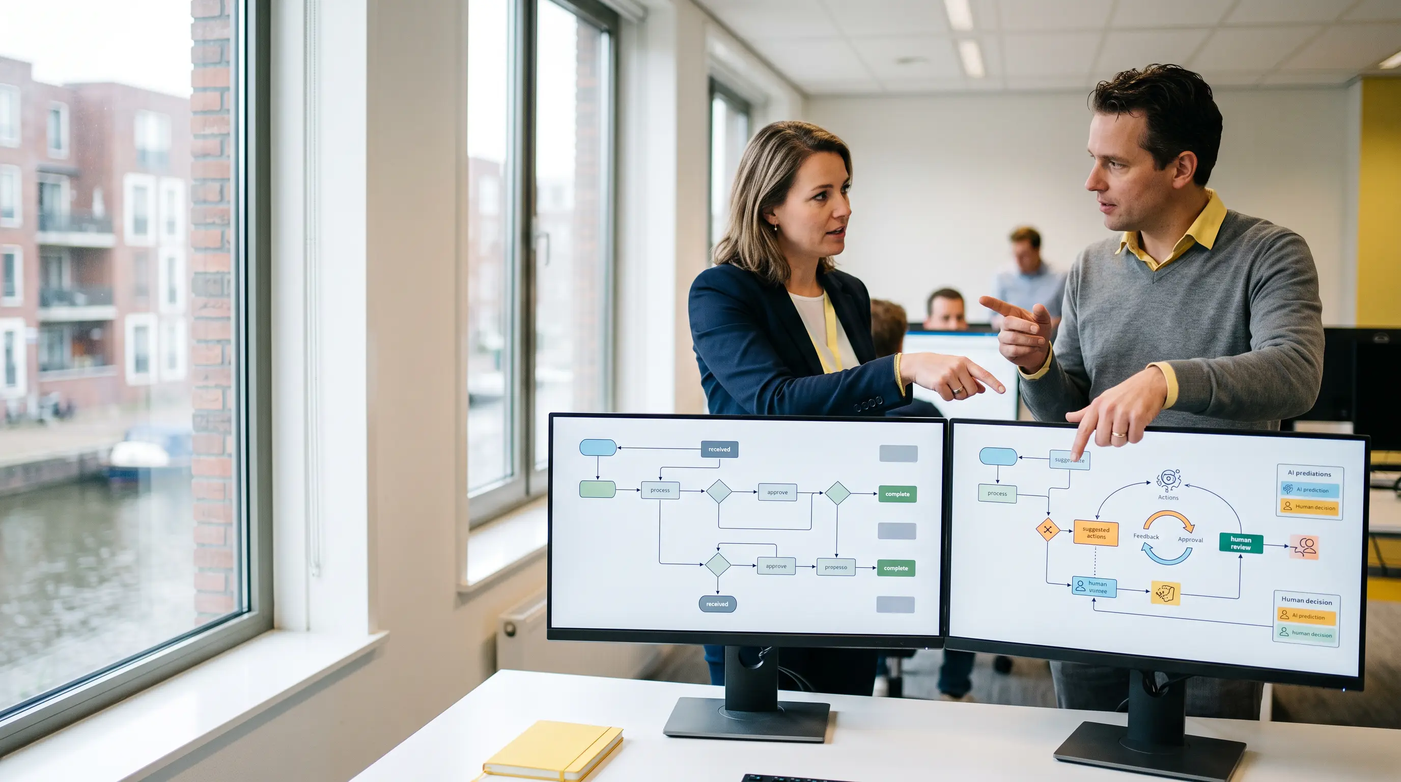 Professionals bespreken processtromen, foutafhandeling en menselijke controle op twee dashboards