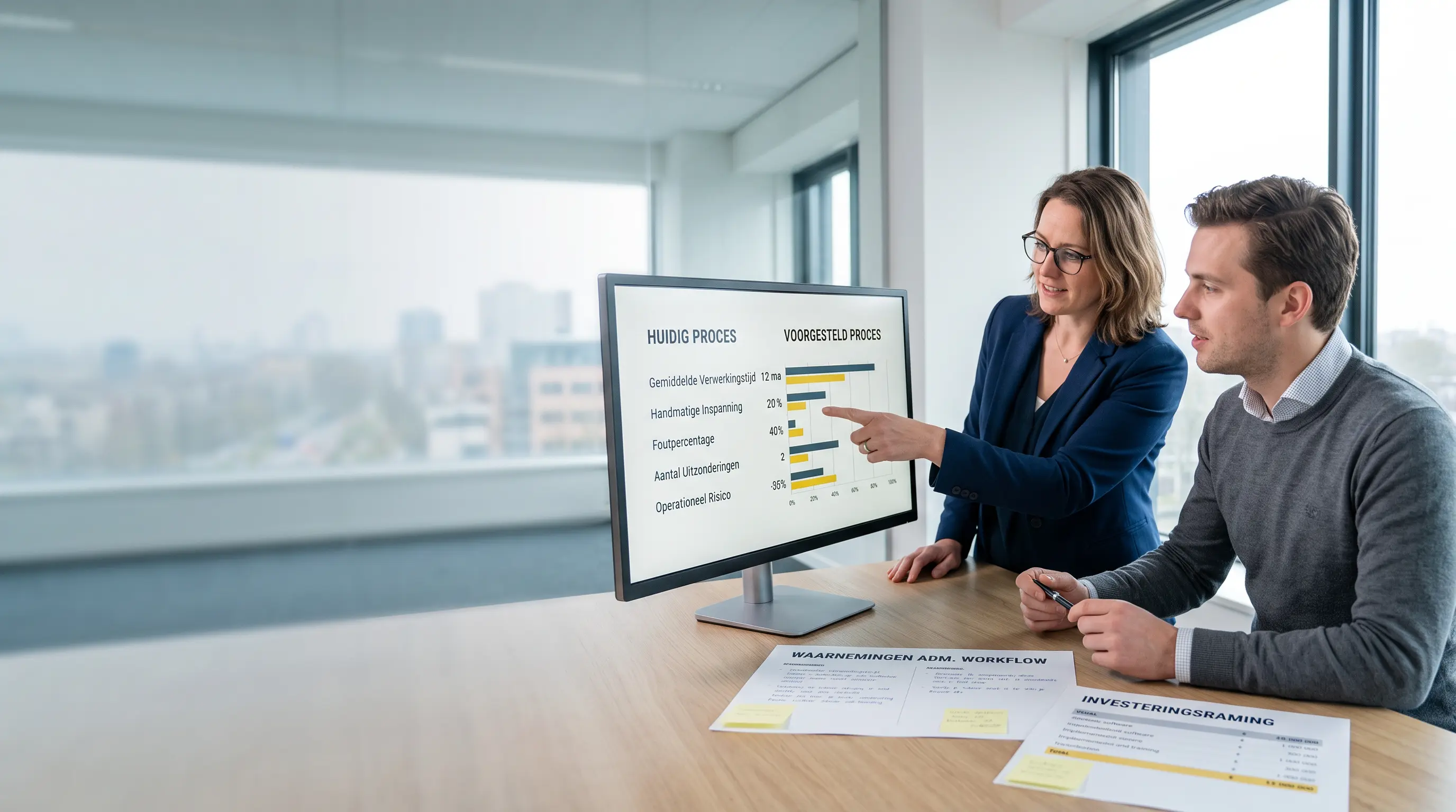 Twee professionals bespreken proceskosten en verwachte baten op een beeldscherm