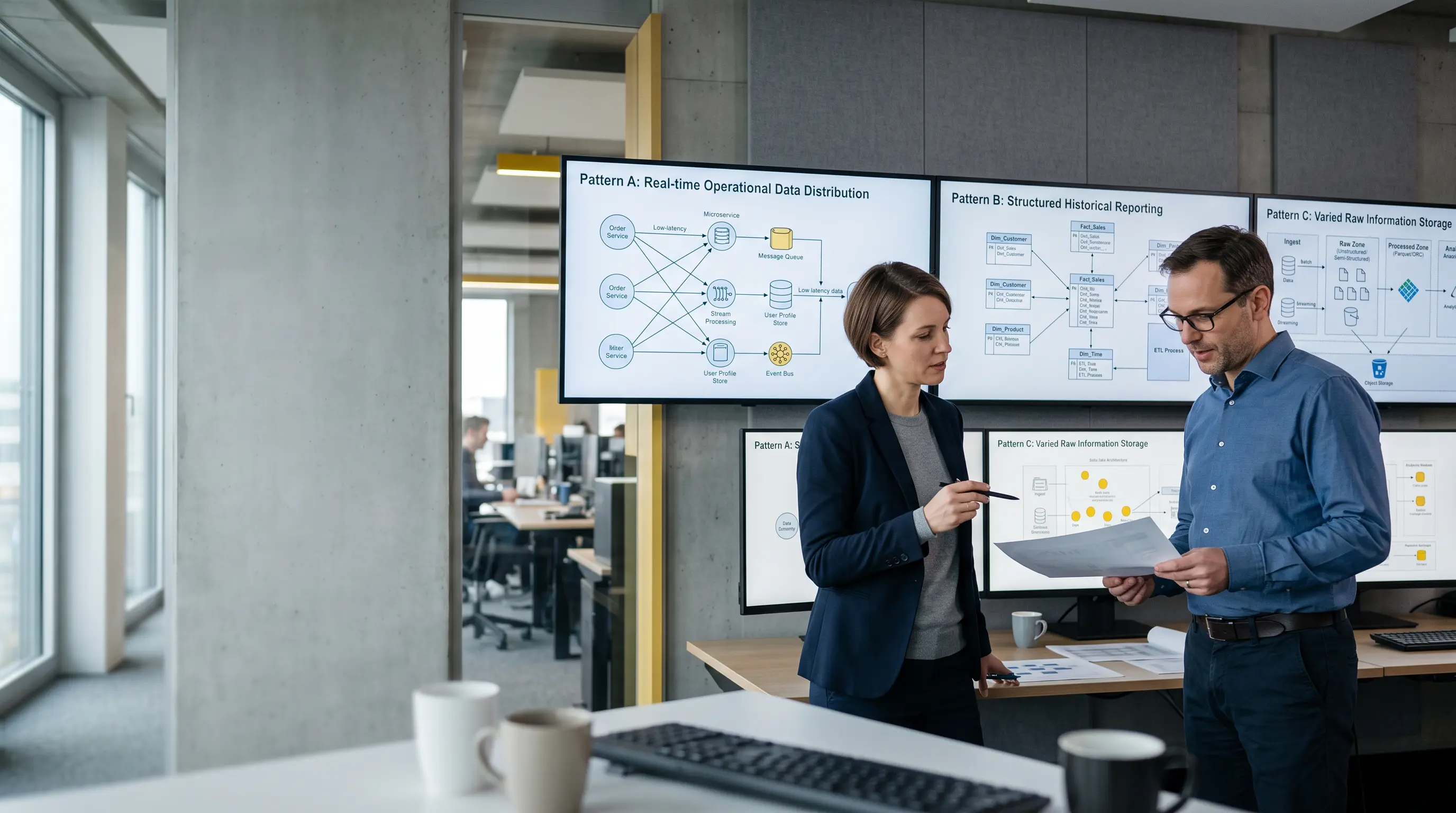 Twee professionals vergelijken architecturen voor een datahub, datawarehouse en datalake