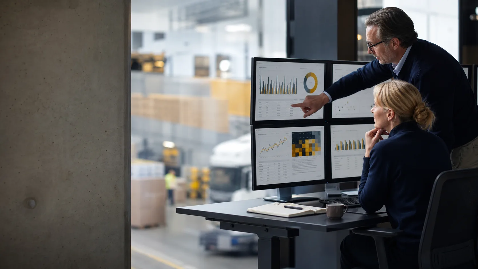 Twee professionals beoordelen datakwaliteit en uitzonderingen op meerdere dashboards