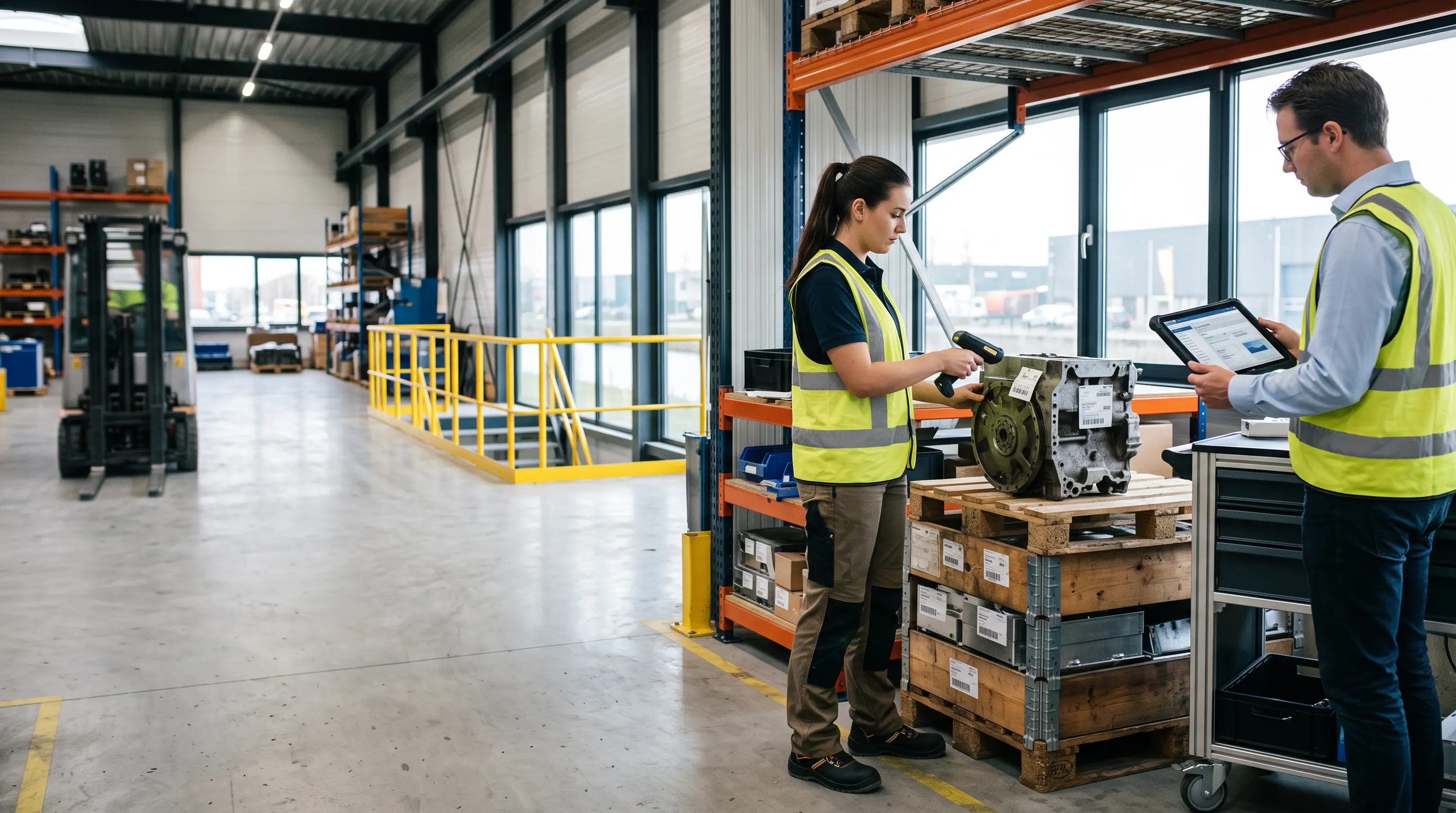 Productiemedewerker scant een industrieel onderdeel terwijl een dataspecialist de productgegevens controleert