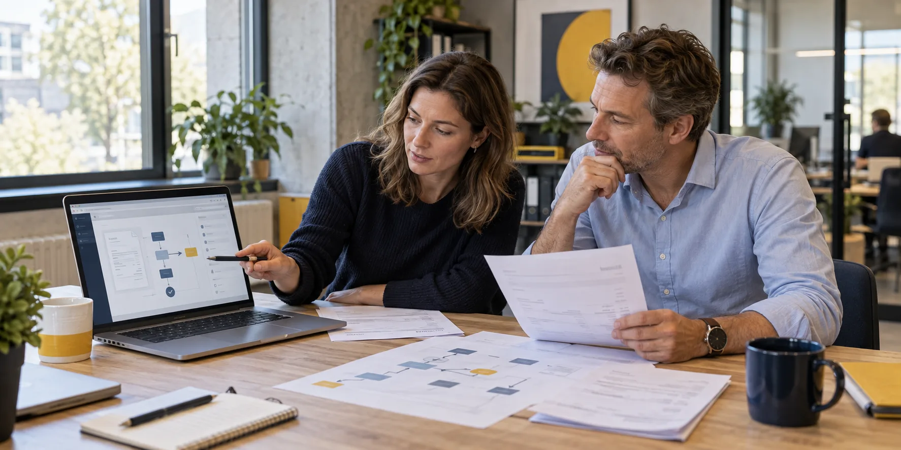 Illustratieve foto van professionals die een digitaal factuurproces bespreken