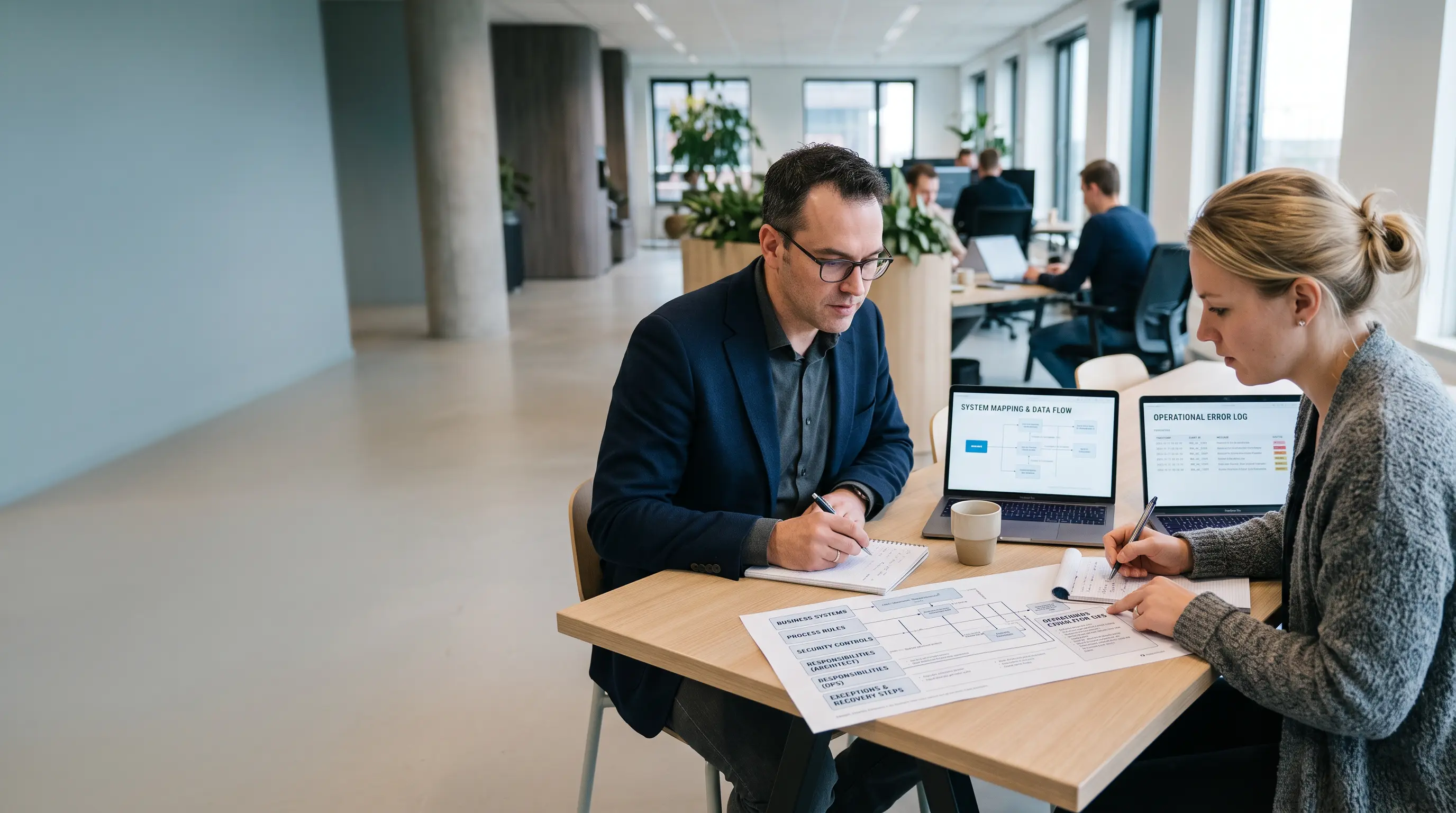 Twee professionals ramen een API-koppeling aan de hand van systemen en procesregels