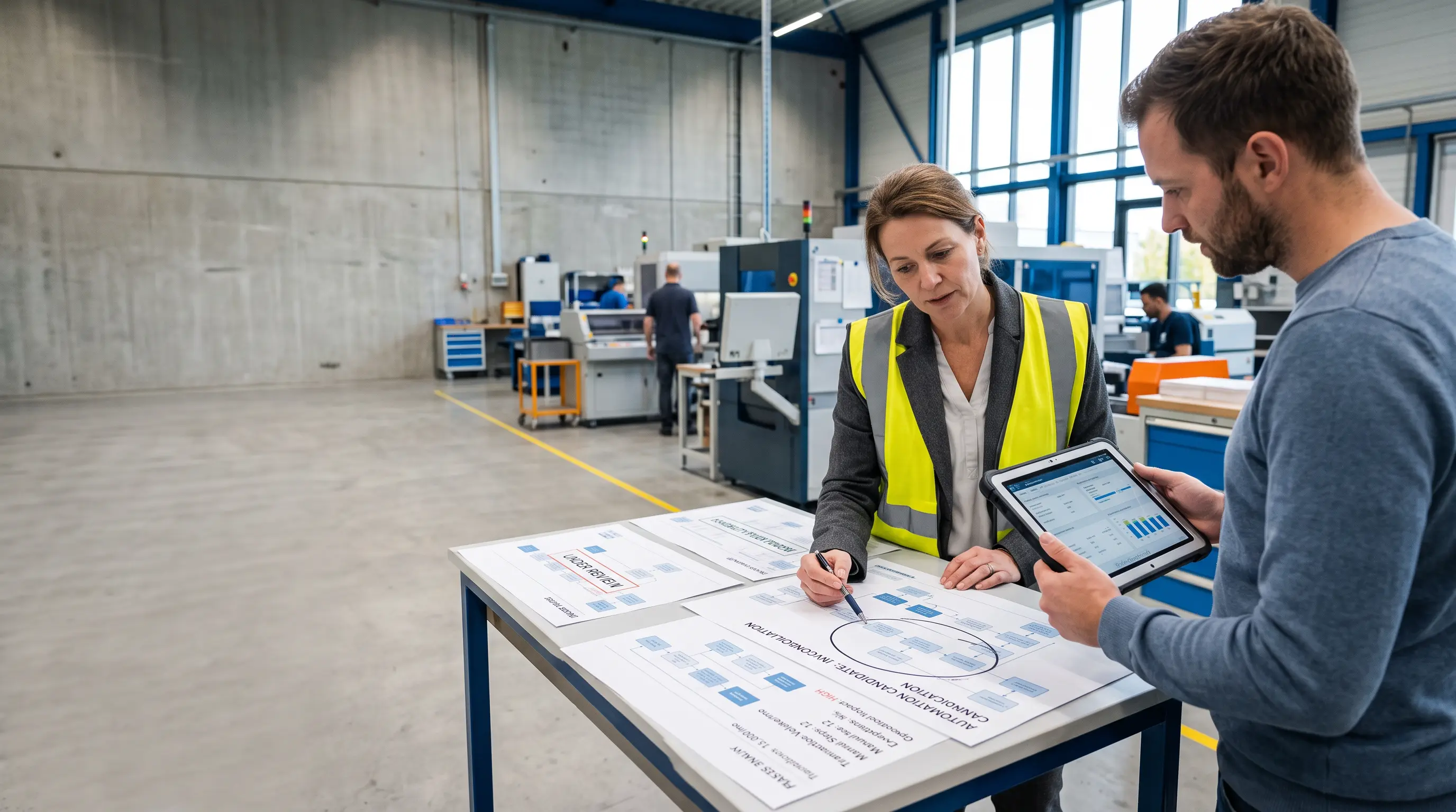 Professionals analyseren processen en automatiseringskansen op een productielocatie