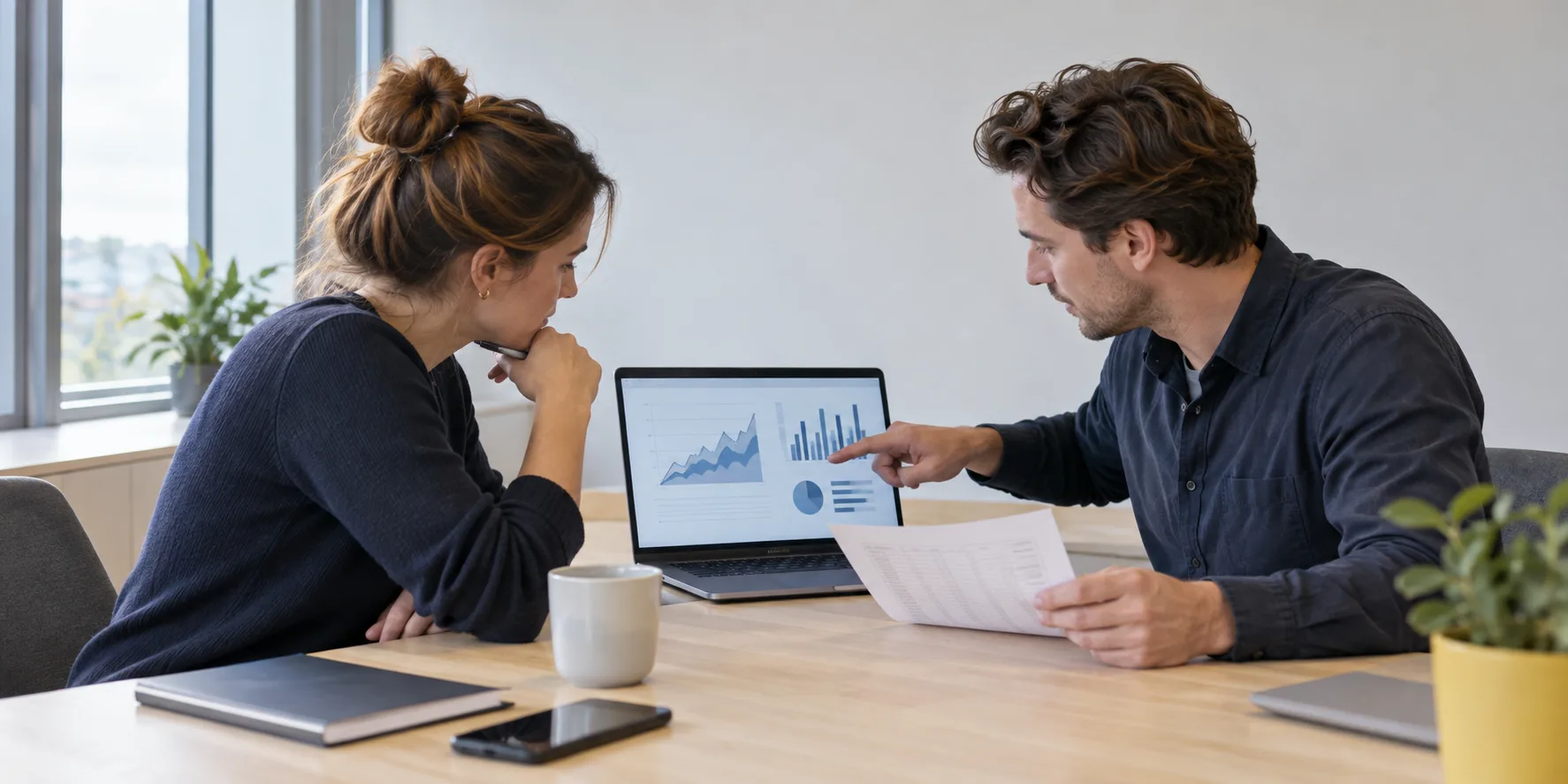 Illustratieve foto van twee professionals die webshoprapportages vergelijken