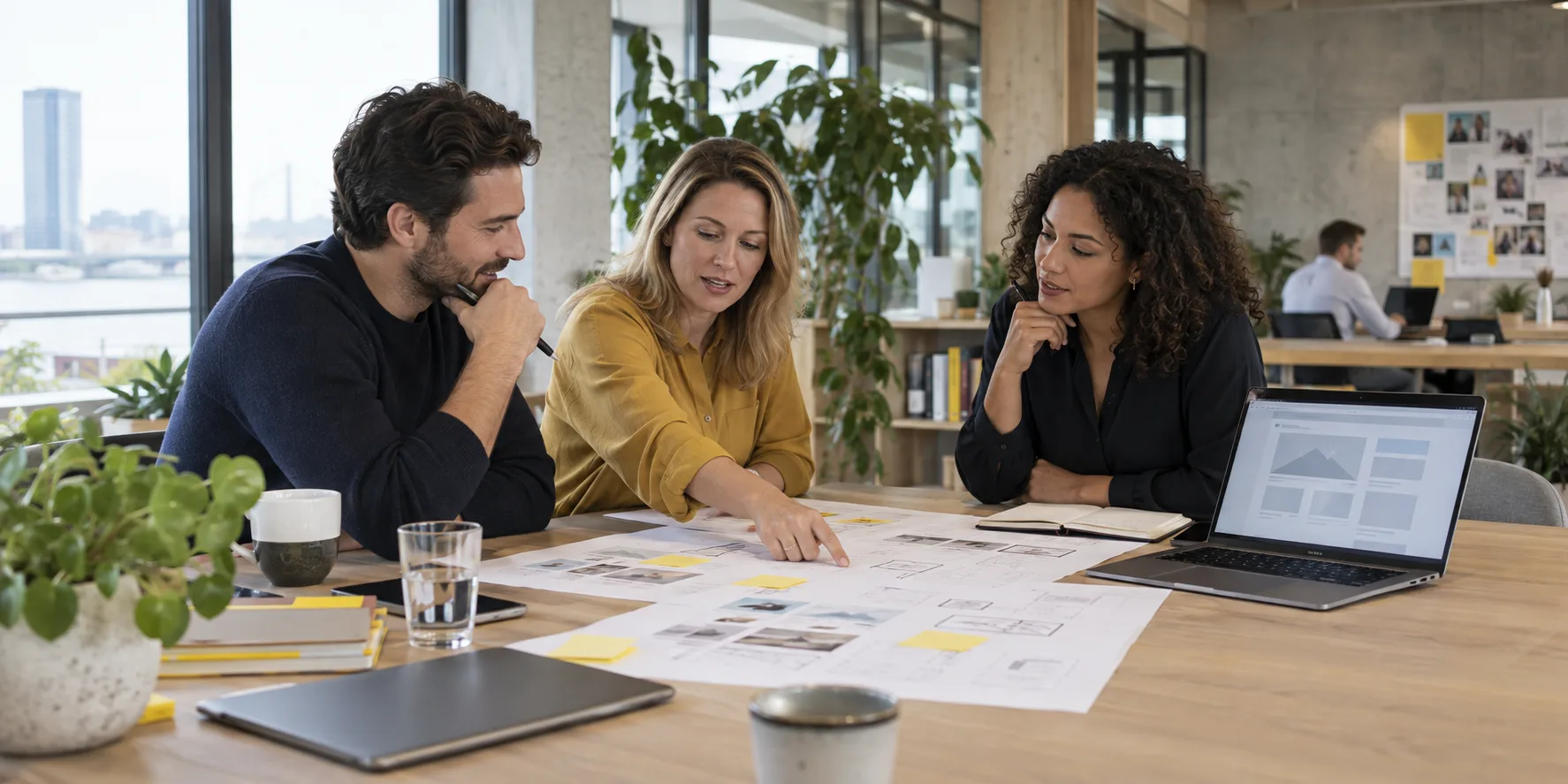 Illustratieve foto van professionals die een klantreis en websitestructuur bespreken