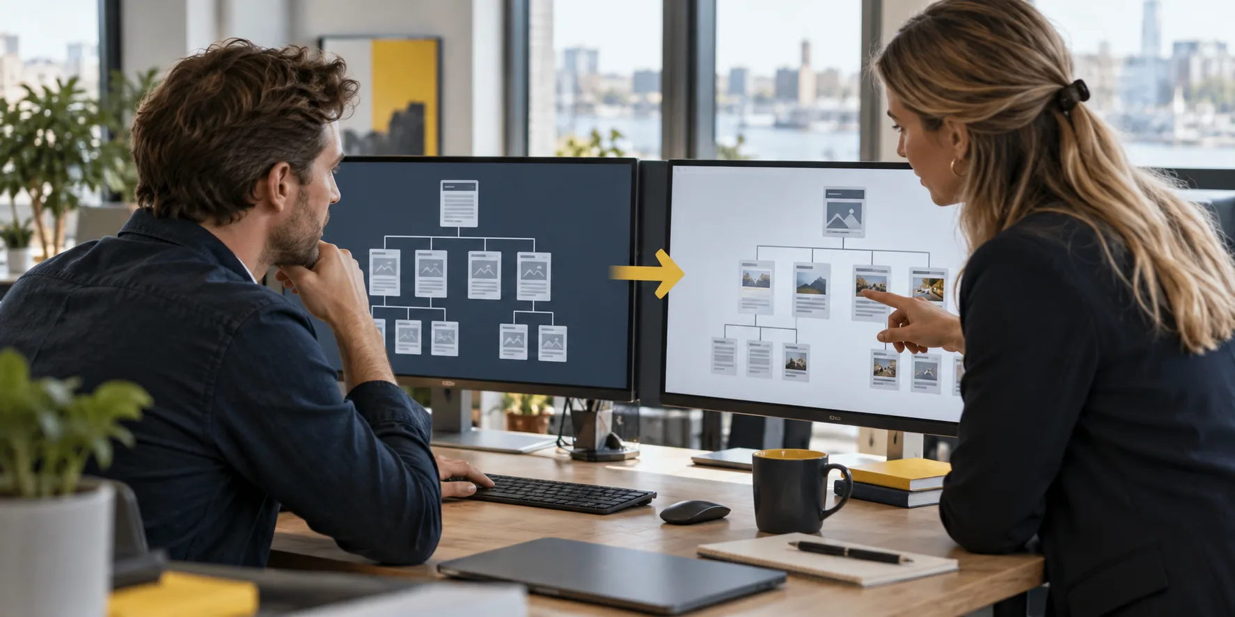 Illustratieve foto van professionals die de vindbaarheid van websitepagina’s bespreken