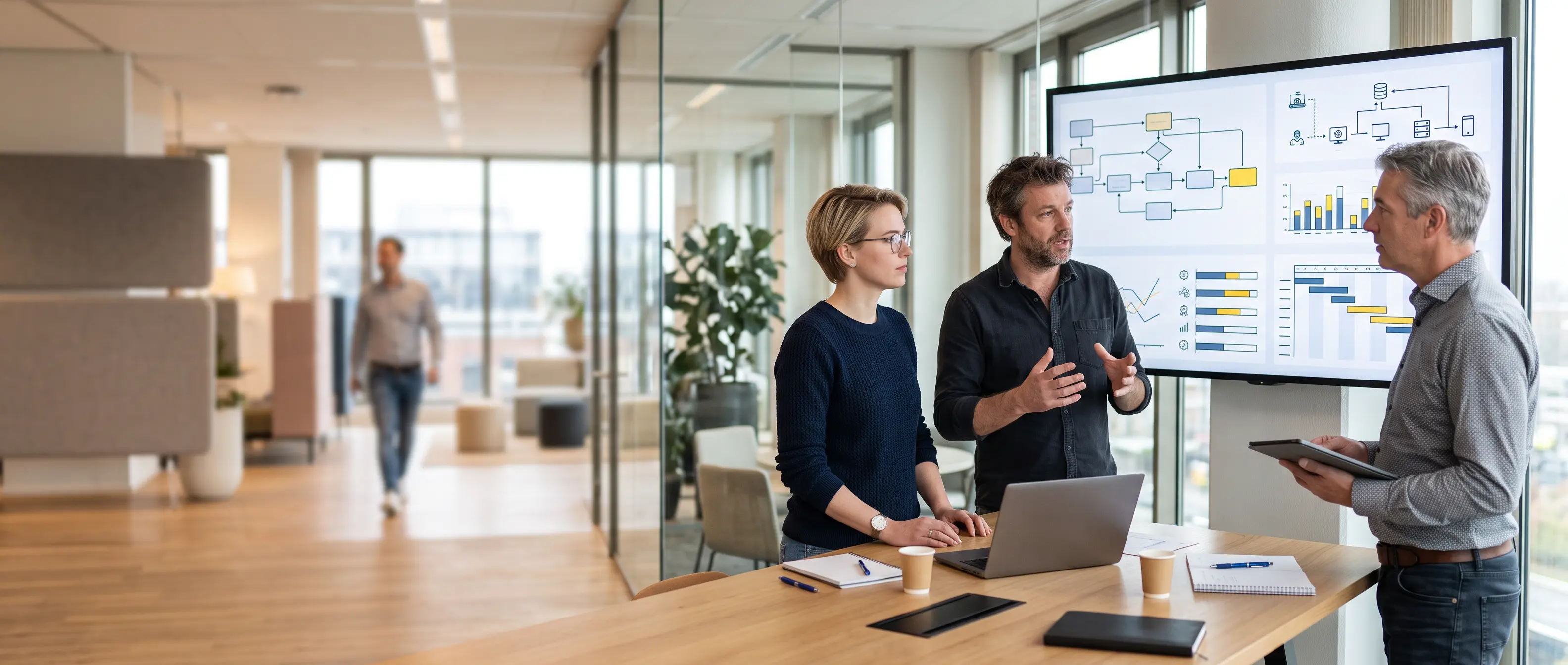Procesexpert, softwareontwikkelaar en manager bespreken procesanalyse, systeemintegratie en softwareontwikkeling