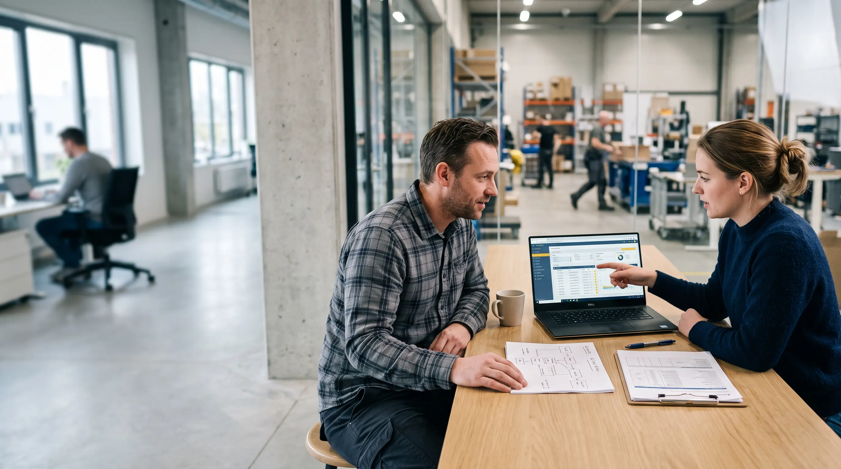 Softwareontwikkelaar en medewerker bespreken maatwerksoftware voor een operationeel bedrijfsproces