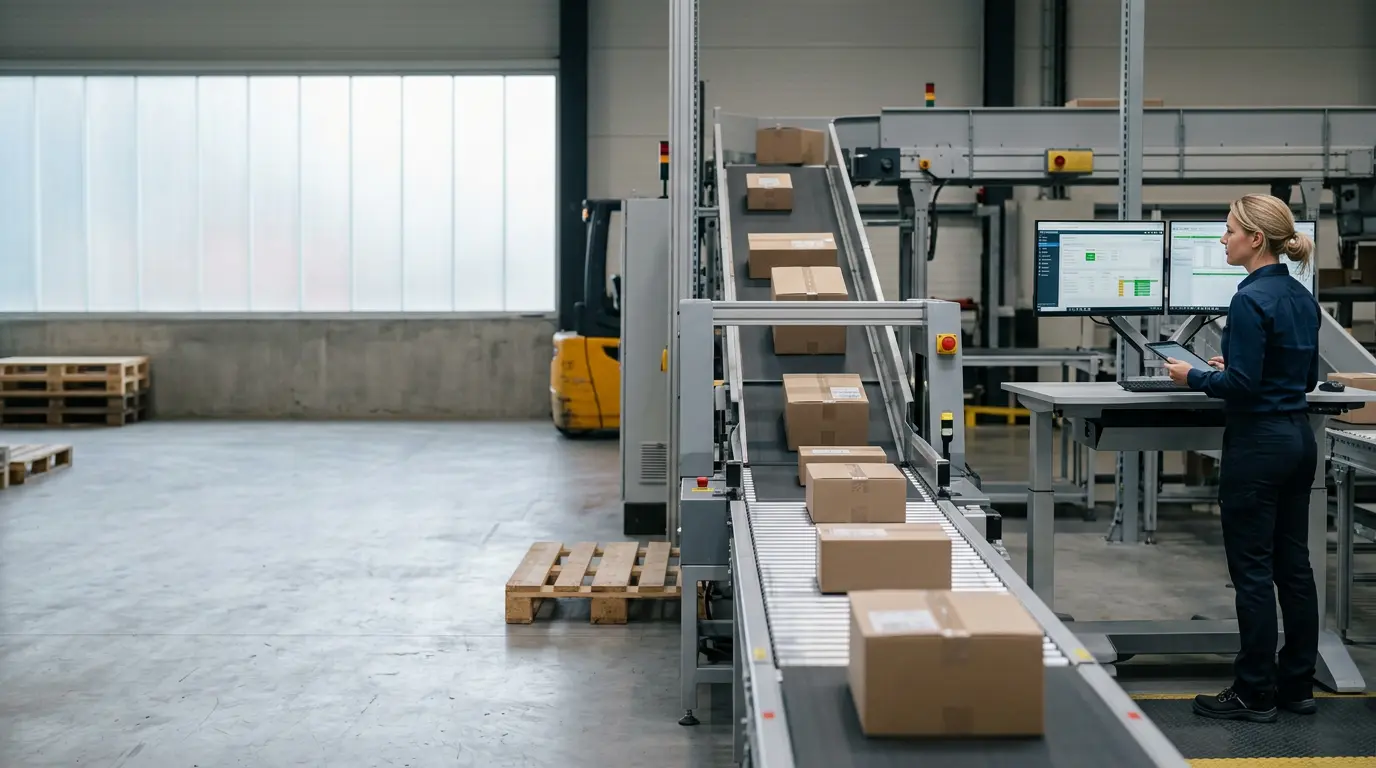 Medewerker bewaakt een geautomatiseerde orderstroom in een logistieke omgeving